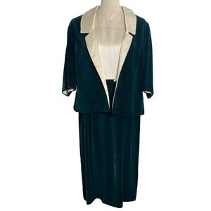 Vintage Handmade Green Velvet Cream Satin Sleeveless Dress w/ Jacket - Medium